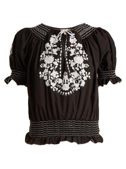 Matchesfashion.com Muzungu Sisters - Anna Embroidered Smocked Hem Blouse - Womens - Black Multi