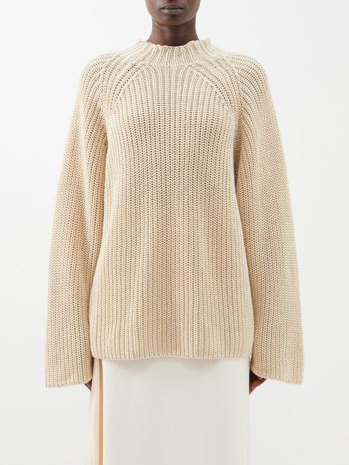 Toteme - High-neck Linen-blend Sweater - Womens - Ecru