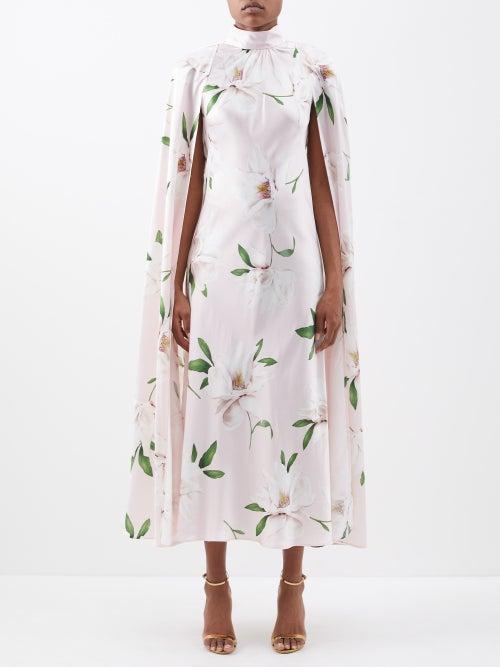 Rodarte - Caped Floral-print Silk-satin Midi Dress - Womens - Pink Print