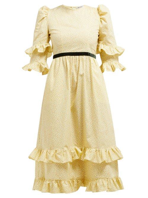 Matchesfashion.com Batsheva - Ditsy Floral Print Cotton Midi Dress - Womens - Yellow