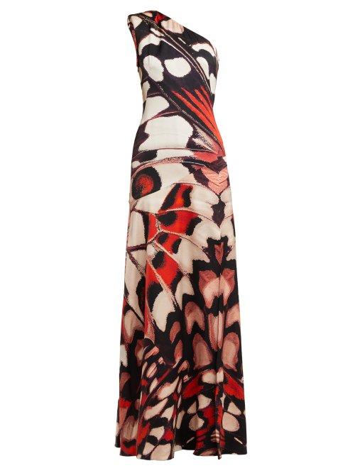 Matchesfashion.com Alexander Mcqueen - Butterfly Print One Shoulder Silk Satin Gown - Womens - Red Multi