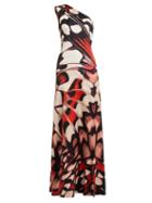 Matchesfashion.com Alexander Mcqueen - Butterfly Print One Shoulder Silk Satin Gown - Womens - Red Multi