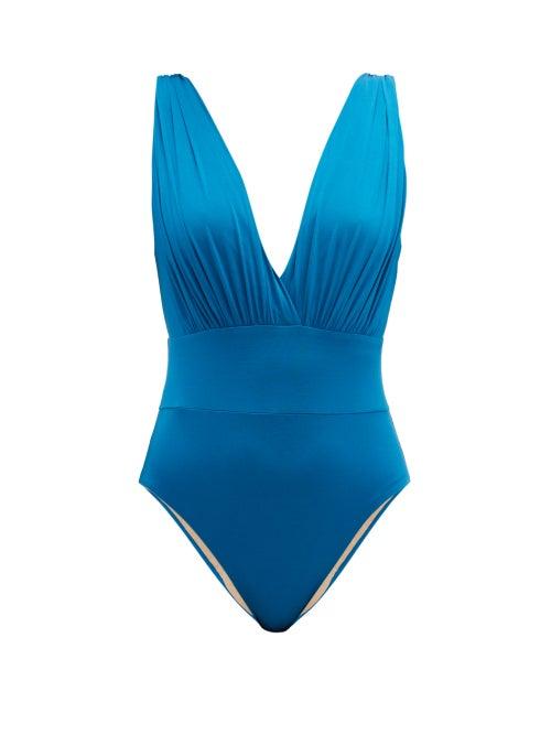 Matchesfashion.com Zeus + Dione - Mykonos V Neck Gathered Swimsuit - Womens - Blue