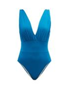 Matchesfashion.com Zeus + Dione - Mykonos V Neck Gathered Swimsuit - Womens - Blue