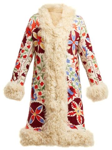 Matchesfashion.com Zazi Vintage - Suzani Embroidered Shearling Coat - Womens - 231 White Multi