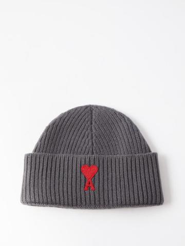 Ami - Ami De Caur-logo Ribbed-wool Beanie Hat - Mens - Grey Red