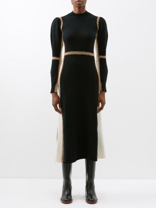 Chlo - Crochet-trim Wool-blend Knitted Dress - Womens - Black Multi