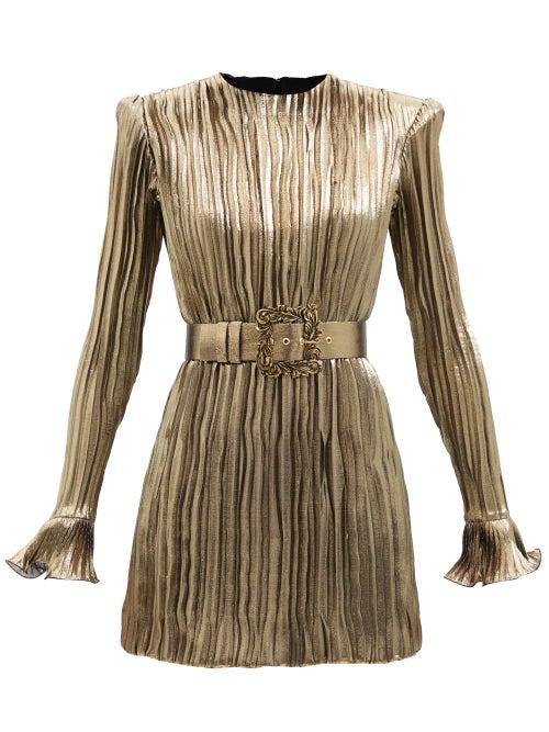 Andrew Gn - Pleated Silk-blend Lam Mini Dress - Womens - Gold