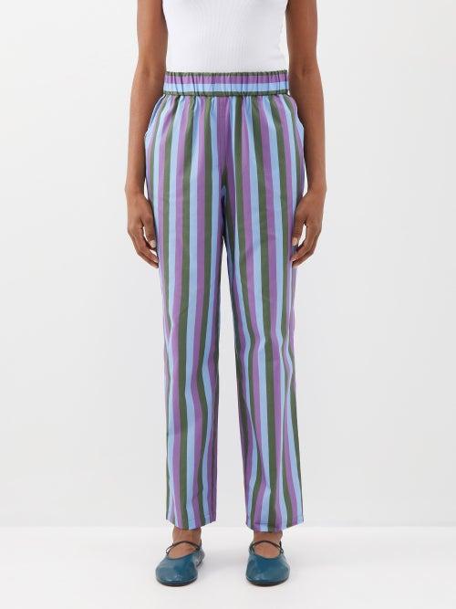 Caro Editions - Elasticated-waist Striped Cotton Trousers - Womens - Blue Multi
