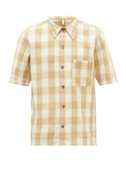 Sunflower - Spacey Checked Cotton-blend Short-sleeved Shirt - Mens - Yellow Multi
