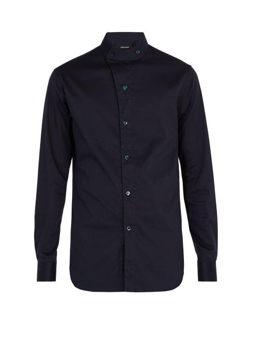 Matchesfashion.com Giorgio Armani - Stand Collar Cotton Blend Shirt - Mens - Blue Multi