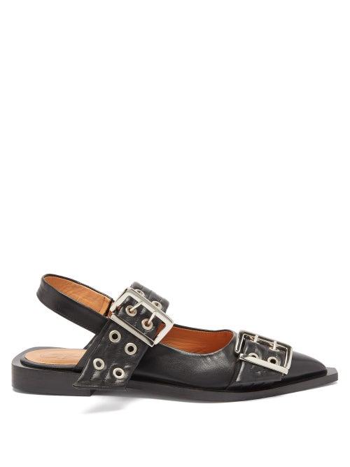 Ganni - Buckled Point-toe Leather Flats - Womens - Black
