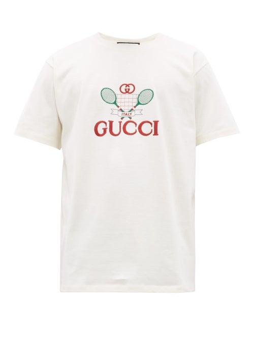 Matchesfashion.com Gucci - Embroidered Tennis Logo Cotton Jersey T Shirt - Mens - White Multi