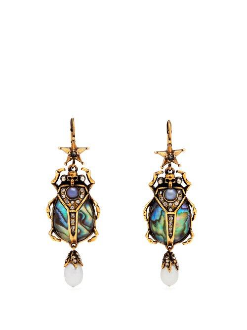 Matchesfashion.com Alexander Mcqueen - Abalon Scarab Shell And Faux Pearl Drop Earrings - Womens - Blue