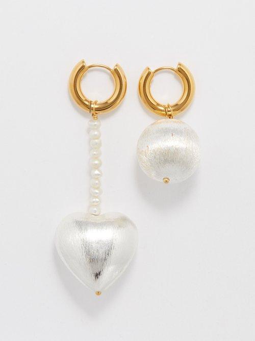 Timeless Pearly - Mismatched Heart & Ball Gold-plated Hoop Earrings - Womens - Pearl