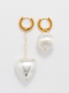 Timeless Pearly - Mismatched Heart & Ball Gold-plated Hoop Earrings - Womens - Pearl