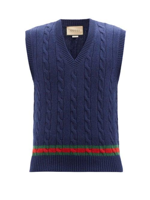Gucci - Striped Cable-knit Cashmere Sweater Vest - Mens - Dark Navy