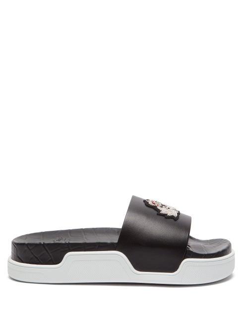 Matchesfashion.com Christian Louboutin - Beau Donna Crest Appliqu Leather Slides - Womens - Black Multi