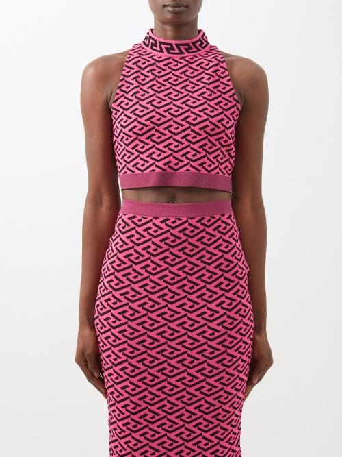 Versace - Greca-jacquard Sleeveless Cropped Top - Womens - Pink Print