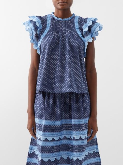 Sea - Pascala Ruffled Floral-print Cotton Top - Womens - Blue Navy