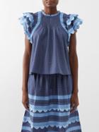 Sea - Pascala Ruffled Floral-print Cotton Top - Womens - Blue Navy