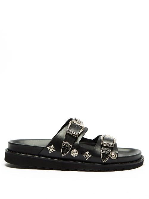 Toga Virilis - Metal-plaque Two-strap Leather Sandals - Mens - Black