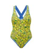 Matchesfashion.com Diane Von Furstenberg - Katelyn Lemon Print Crossover Back Swimsuit - Womens - Yellow Multi