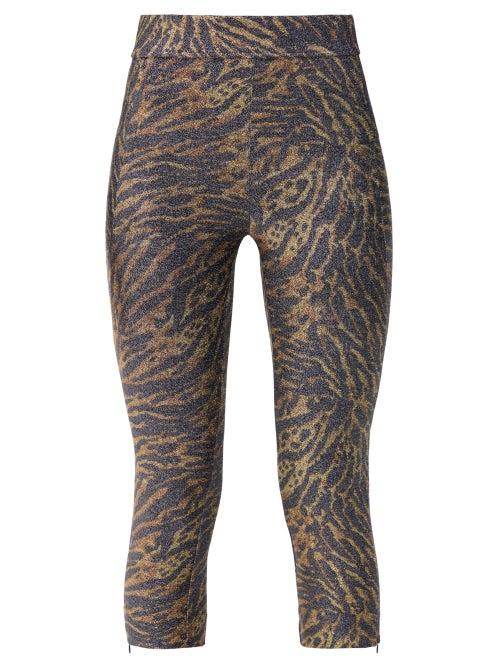 Matchesfashion.com Ganni - Zipped Hem Tiger Print Lurex Leggings - Womens - Leopard