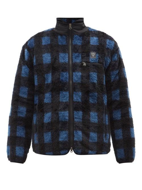 South2 West8 - Windowpane-check Faux-fur Coat - Mens - Blue Multi
