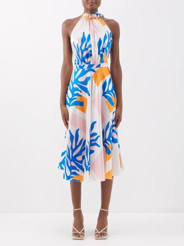 Raquel Diniz - Giovanna Printed Silk Satin Midi Dress - Womens - Blue Orange