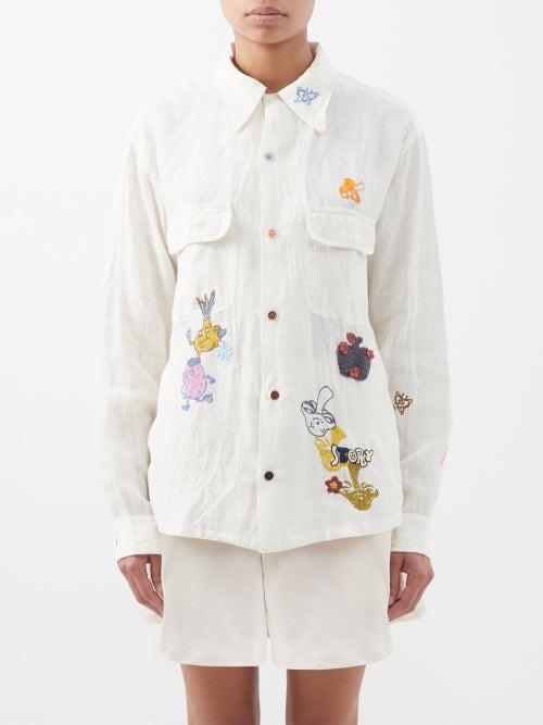 Story Mfg. - Snack Organic-linen Embroidered Shirt - Womens - White Multi