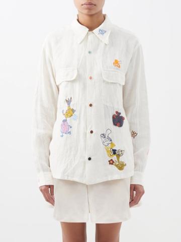 Story Mfg. - Snack Organic-linen Embroidered Shirt - Womens - White Multi