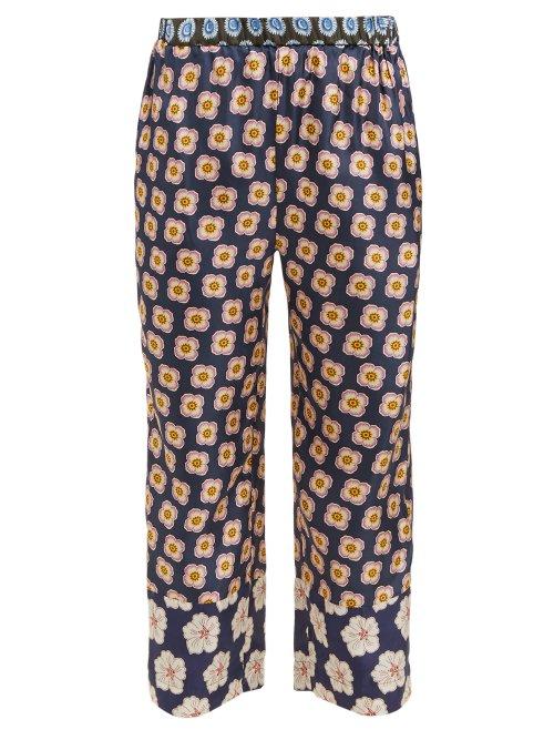 Matchesfashion.com Biyan - Pouri Floral Print Silk Cropped Trousers - Womens - Navy Multi