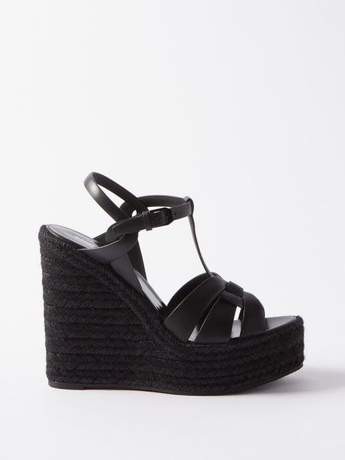 Saint Laurent - Tribute 130 Leather Wedge Espadrilles - Womens - Black