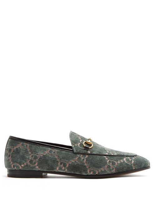 Matchesfashion.com Gucci - Jordaan Logo Jacquard Velvet Loafers - Womens - Green