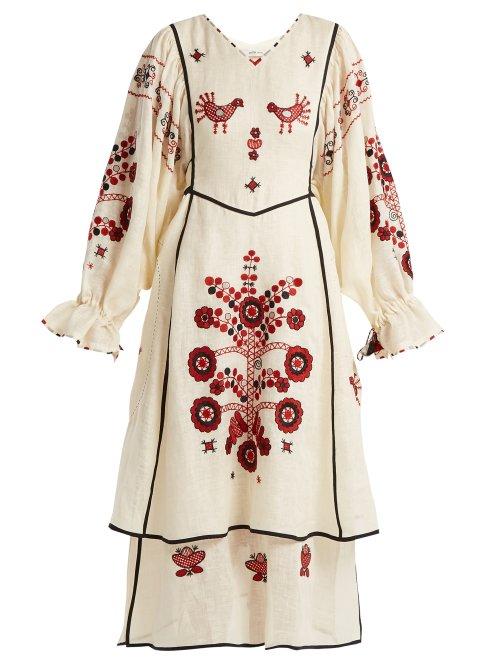 Matchesfashion.com Vita Kin - Country Bird And Floral Embroidered Linen Dress - Womens - Cream Multi