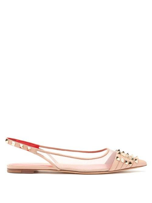 Valentino Garavani - Rockstud Mesh And Leather Slingback Flats - Womens - Nude