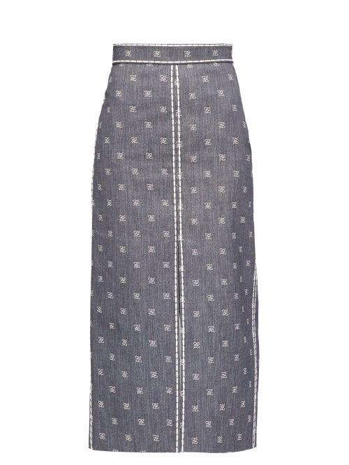 Matchesfashion.com Fendi - Logo-embroidered Slit Denim Midi Skirt - Womens - Denim