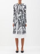 Erdem - Franca Pleated Lace-print Twill Midi Dress - Womens - Black White Multi