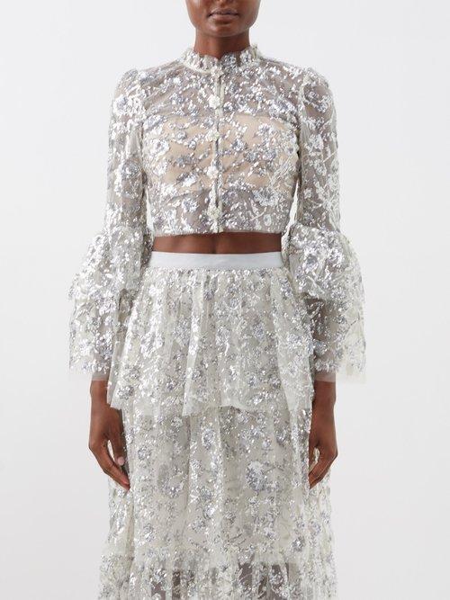 Self-portrait - Sequinned-floral Cropped Tulle Top - Womens - Silver Multi