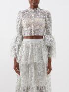 Self-portrait - Sequinned-floral Cropped Tulle Top - Womens - Silver Multi