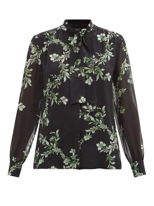 Giambattista Valli - Floral-print Pussybow-neck Silk-chiffon Blouse - Womens - Black Floral