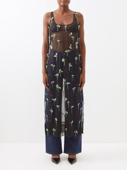Ganni - Beaded Floral Appliqu Chiffon Dress - Womens - Black