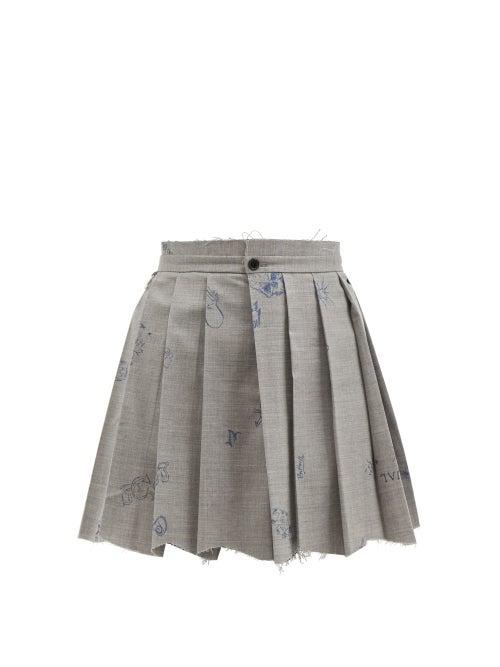Vetements - Scribble-print Pleated Wool-blend Mini Skirt - Womens - Grey Multi