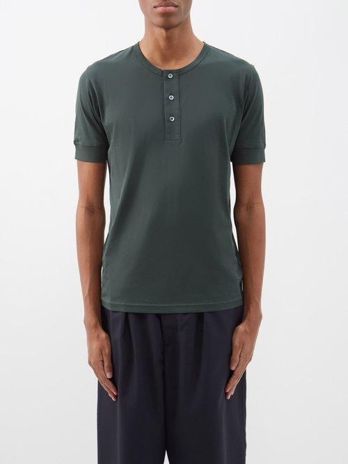 Sunspel - Supima-cotton Jersey Henley Top - Mens - Green