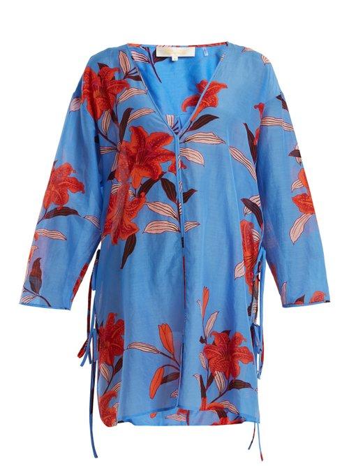 Matchesfashion.com Diane Von Furstenberg - V Neck Floral Print Cotton Blend Dress - Womens - Blue Print