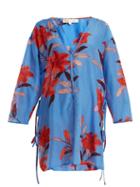Matchesfashion.com Diane Von Furstenberg - V Neck Floral Print Cotton Blend Dress - Womens - Blue Print