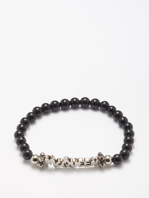 Alexander Mcqueen - Logo-plaque Onyx Bead Bracelet - Mens - Black Silver