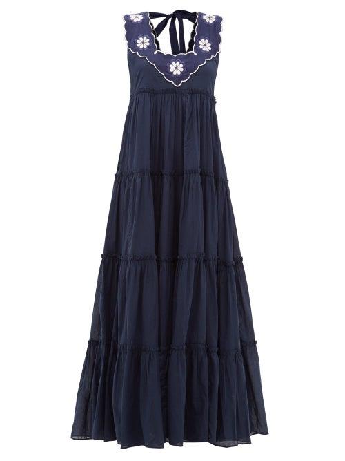 Matchesfashion.com Innika Choo - Che Pas Floral Embroidered Tiered Cotton Dress - Womens - Navy
