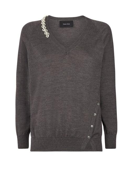 Simone Rocha - Faux-pearl Beaded Asymmetric Knit Sweater - Womens - Grey
